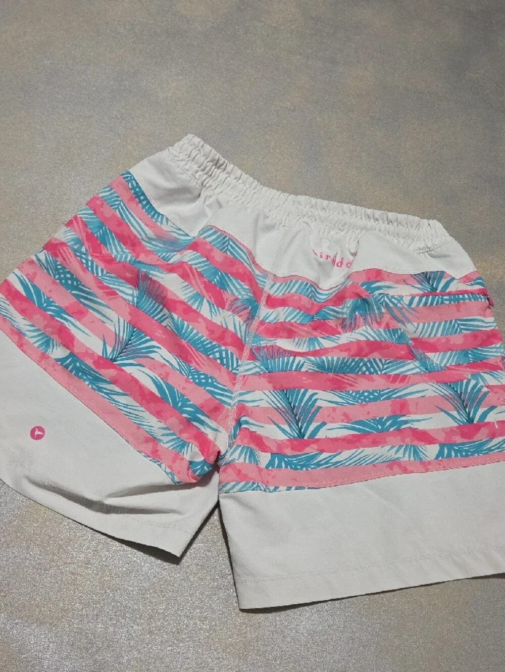 Birddogs Men’s Pink & Teal Striped Tropical Swim Trunks with White Panels Nwots.